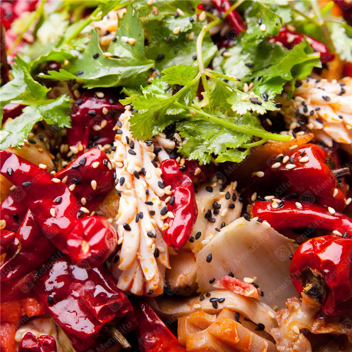 Assorted ingredients stir - fried in a spicy sauce, topped with cilantro and sesame at 成都名堂 SZECHUAN MASTER, a Chinese restaurant in Plano